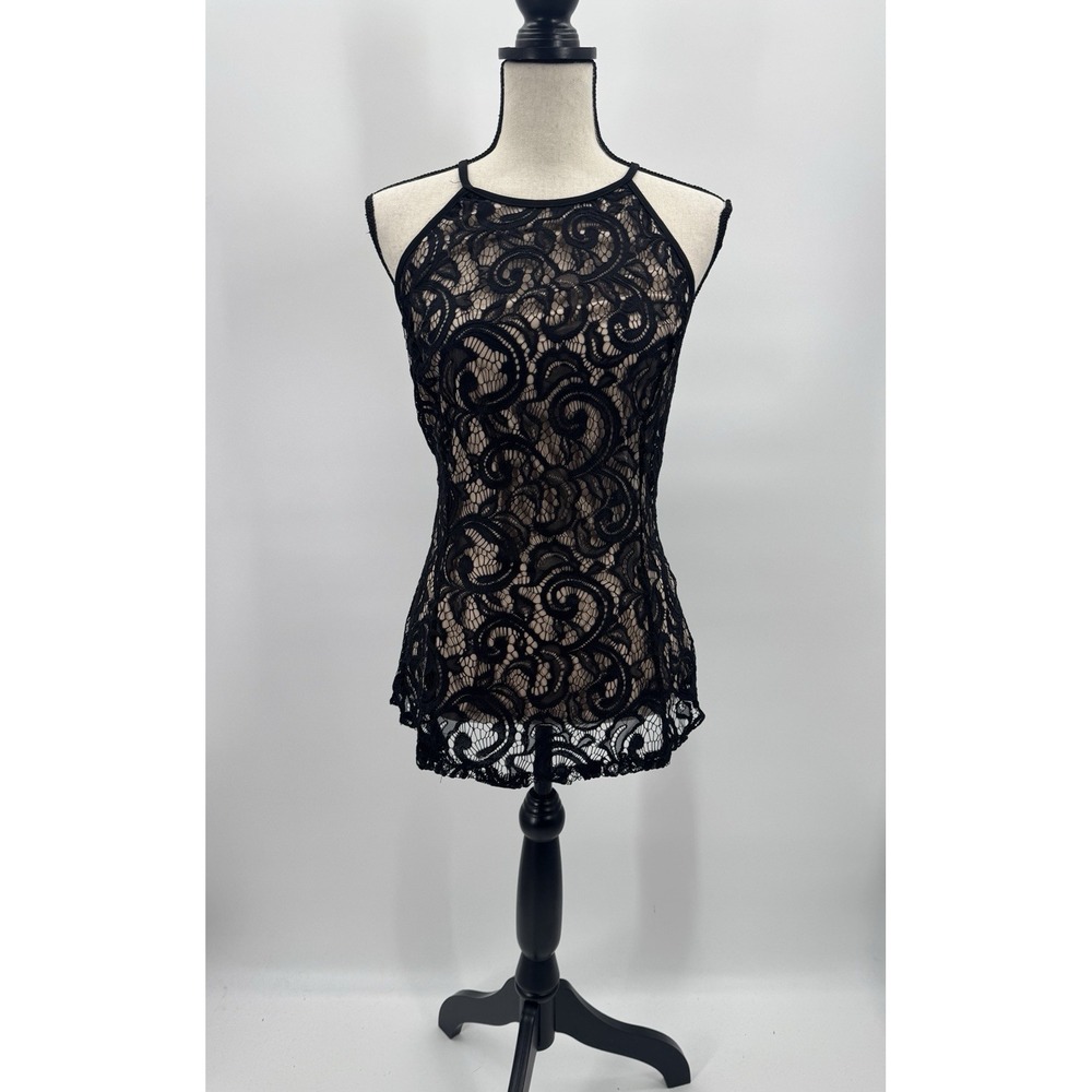 Y2K Whimsigoth All Over Lace Halter Top XL Nude Lined Dark Fairy Coquette Retro